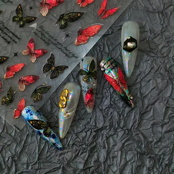 1 Лист стикери за нокти, висококачествени червени и черни етикети с шарени пеперуди тъмна сянка, декорация за нокти TS-2032