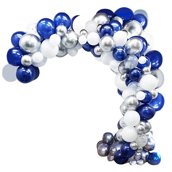 122 бр. Комплект тъмно-сини, цветни и бели балони с различни размери, като е показано, за декориране на тържества