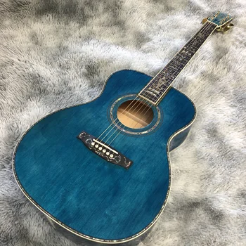40-инчов акустична китара от масивно дърво серия OM, полиран гланцова боя, напълно покрит с черен печат abalone