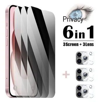 6в1 9D закалено стъкло за iPhone 15 plus 14 pro max 13 mini 12 11 Privacy Glass Обектива на Камерата на смартфон протектор на екрана на телефона