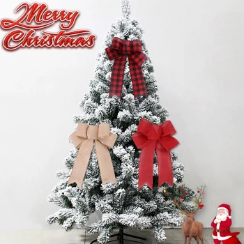 6Шт Коледни изделия лък ленена лента с лък Коледна украса на Коледна елха Декор решетеста лък райе