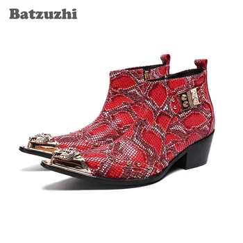 Batzuzhi/ Високи Обувки на ток 6,5 см; Мъжки Вечерни Кожени Модела Ботильоны; Златисти, Червени Вечерни и Булчински обувки с Остър пръсти; Botas Hombre