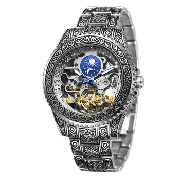 Forsining Мъжки реколта часовници с турбийоном и гравиране, автоматични часовници с фазата на Луната, механични ръчни часовници с виртуален скелет, каишка от неръждаема стомана