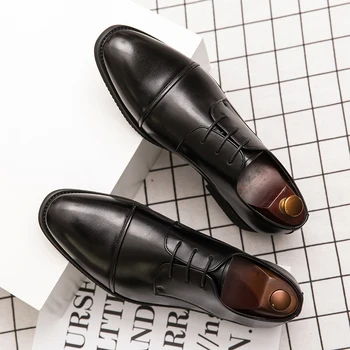 Four Seasons/ Мъжки отличен бизнес официалната кожени обувки в британския стил, ежедневни удобни лейси черна, по-Големи размери 38-46