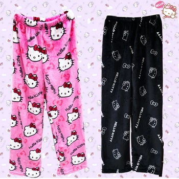 Hello Kitty Възрастни Фланелен Плюшени Пижамные Панталони Лекото Затопляне Домашни Зимни Голям Размер, Свободни И Удобни Sanrioed Сладък Подарък За Момичета
