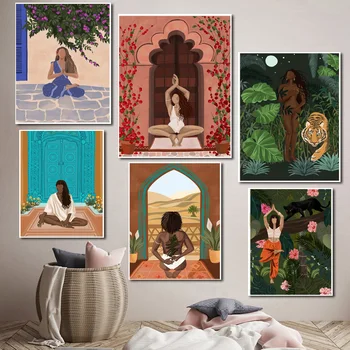 Абстрактна модерен момиче йога Леопард, Тигър, Скандинавски ретро плакат на Стената артистични щампи Платно Живопис Декор на Картини за хол