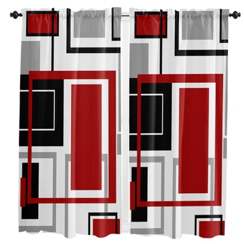 Абстрактни Геометрични Квадрати Изкуството на Черен Червен Прът Джоба Къса Завеса Полупрозрачна Завеса за дома, Кухненски Вратата Покривка Кафе Малък прозорец