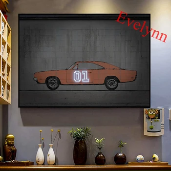 Абстрактно Монтиране На Изкуството Dodge Charger Автомобилни Неонови Плакати И Щампи Cartoony Оранжев Автомобил На Модулен Модел За Хола Рамка За Домашен Декор