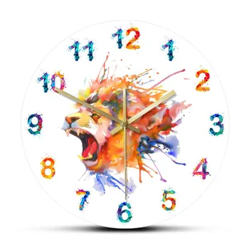 Акварел Ръмжене на Лъв с цветни фигури Акрилни стенен часовник с изображение на животни Часовници за украса на стени