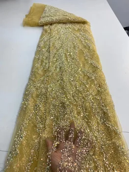 Африканска лейси плат 2022 г., Висококачествено Френско Тюлевое дантела с ръчно изработени beaded с лъскави пайети, Нигерийская традиция за сватбена рокля