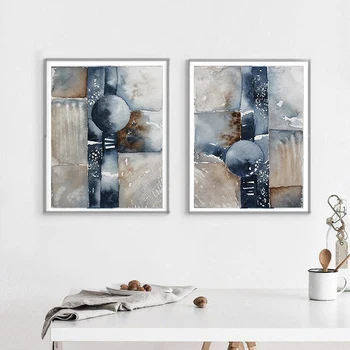 Бял, тъмно синьо акварел принт, плакат с абстрактна живопис, стенно изкуство, модерна, абстрактна живопис върху платно