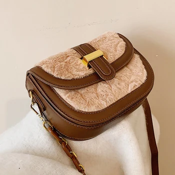 В есенно-зимната реколта дамска чанта, модерен плюшен чанта през рамо от изкуствена кожа, Корея, темпераментен универсална чанта през рамо