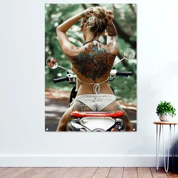 Горещи татуировки Байкерские цыпочки Плакати на мотоциклети, Банери за домашен интериор, монтиран на стената знаме, платно, стенни модел за спалня в общежитието