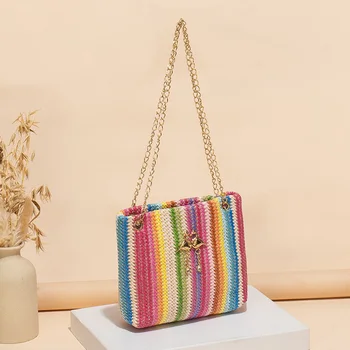 Дамска чанта цветове на дъгата, плажна чанта от ратан ръчно изработени, вязаная сламена чанта-тоут голям капацитет, многоцветен дамска чанта Bohe на рамото