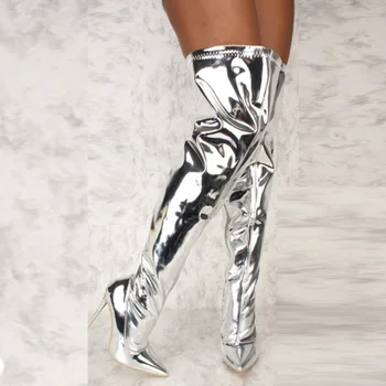 Дамски обувки на огледално-рефлексен платформа, с остри пръсти, на висок тънък ток в стил пънк, Ботуши над коляното, Есен-зима, Сребриста ежедневни обувки за партита с цип