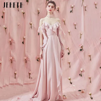 Елегантна вечерна рокля JEHETH на тънки спагети презрамки от розов шифон с V-образно деколте, елегантен рокля за бала А-силует, открита на въртене, дължина до пода