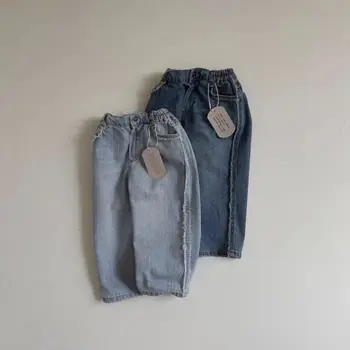 Есенни Корейски панталони за малки момчета 2023, ежедневните дънки, Обикновена Разтеглив дънкови панталони за момчета, свободни памучни дънки за момиченца