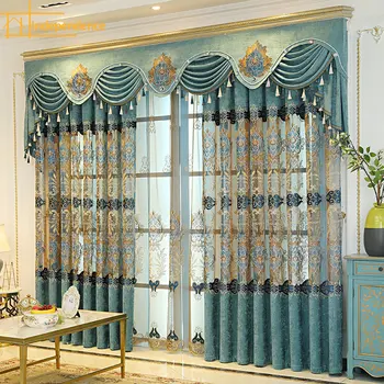 Завеси в европейски стил, за хол, трапезария, спалня, луксозни кухи Бродирани синьо-зелени завеси за прозорци, интериор на стаята