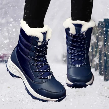 Зимни обувки, женски ботуши на равна подметка, непромокаеми обувки за жени, Дамски обувки дантела, Кожа ежедневни зимни обувки, Botas Mujer