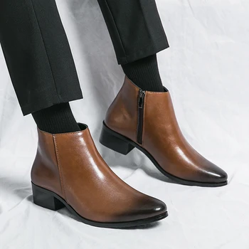 Зимните модни Луксозни Обувки Челси в британския стил Мъжки обувки от естествена кожа на Модела ботильоны Наклон кафяв Однотонного черен цвят