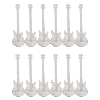 Кафени лъжици за китара, 12 креативни скъп лъжици, Супени лъжици от неръждаема стомана, лъжичка за разбъркване във формата на китара (сребро)
