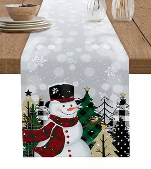 Коледен Снежен човек, Снежинка, Коледно дърво, Настолна пътека от памук и лен, Сватбен декор, Покривка, Домашен Коледен декор, Настолна пътека