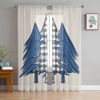 Коледна синята линия, Коледно дърво, прозрачни завеси за прозорците на хола, тюлевая завеса, украса спални, кухня, Вуалевые завеси