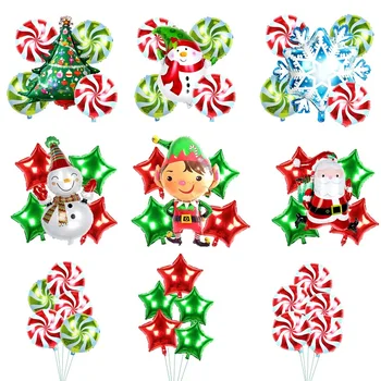 Комплект от 5 фольгированных топки под формата на снежен човек-бастуни на дядо коледа, червени и зелени бонбони топки за коледна украса Коледно парти