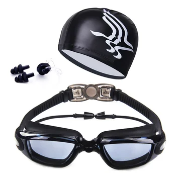 Комплект Очила За плуване За възрастни С Покритие Лещи Фарове за Очила За Плуване + Капачка + Калъф + Скоба За носа + тапи за уши С Покритие Лещи Фарове за Мъже, Жени