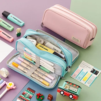 Молив случай е с голям капацитет, двустранен холщовая чанта за писалки Macaron Цвят, чанта за съхранение на канцеларски материали за ученици от прогимназия