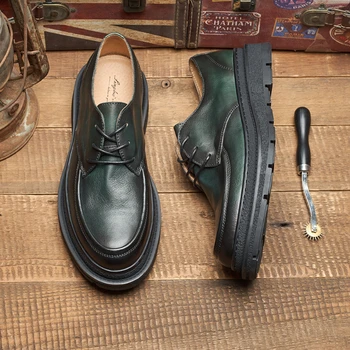 Мъжки официалната обувки Дерби от естествена телешка кожа, луксозна качествени ръчно изработени в британски стил от естествена кожа в ретро стил, зелена сватбена социална обувки