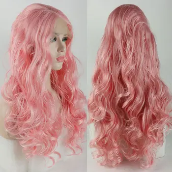 Невероятна Жива Розова Свободна вълна, синтетични перука на дантели 13X4, Бесклеевые косата от висококачествени термоустойчиви влакна, за жени cosplay