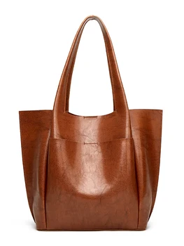 Ретро чанта-тоут голям капацитет за жените, обикновен чанти от петрол-восъчна кожа, дамски чанти, за пазаруване, големи чанти през рамо, чанта