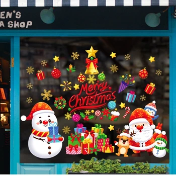 Стикери за стена весела Коледа, подвижни, Дядо Коледа, снежен човек, витрини, декорация на помещението, винил PVC Коледна декорация за дома