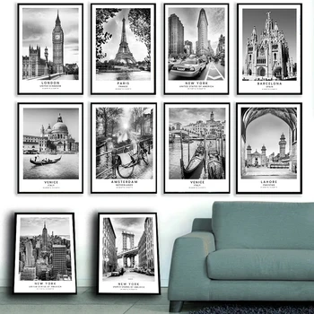 Съвременен Градски Жител На Ню Йорк, Лондон, Венеция Печат Туристически Плакати Черно-Бяло Изкуство Токио Градски Пейзаж Платно Картина Стенно Изкуство Подарък