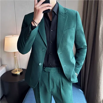(Яке + панталон на Нови зелени гофрети бизнес костюми, 2 броя, мъжки монофонични оборудвана смокинг за младоженеца, сватбена рокля за абитуриентски, ежедневни мъжки комплекти